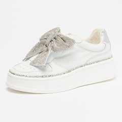 Tosca Blu Sneaker Megan in Pelle con Fiocco di Strass Bianco/Argento