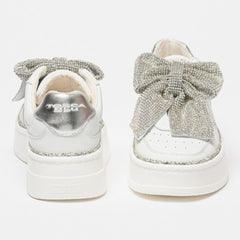 Tosca Blu Sneaker Megan in Pelle con Fiocco di Strass Bianco/Argento