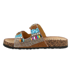 Uma Parker Sandalo Doppia Fascia Camel con Pietre e Perline