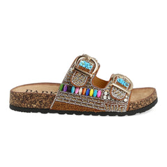 Uma Parker Sandalo Doppia Fascia Camel con Pietre e Perline