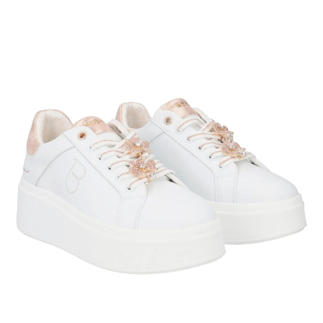 Tosca Blu Sneakers Elettra con Fiori in Strass Bianco/Cipria