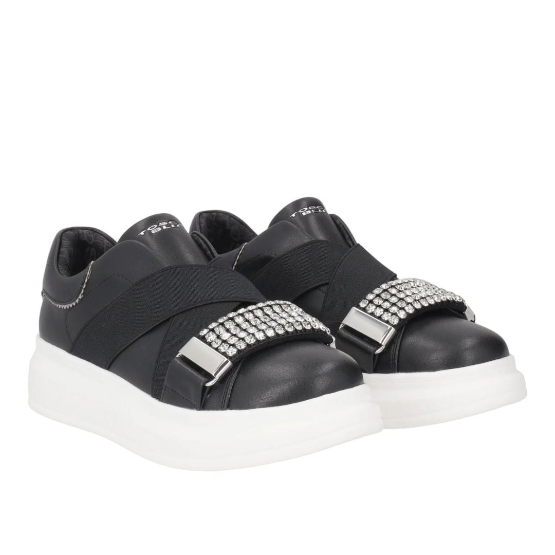 Tosca Blu Sneaker Juliette in Pelle Nera con Accessorio in Strass