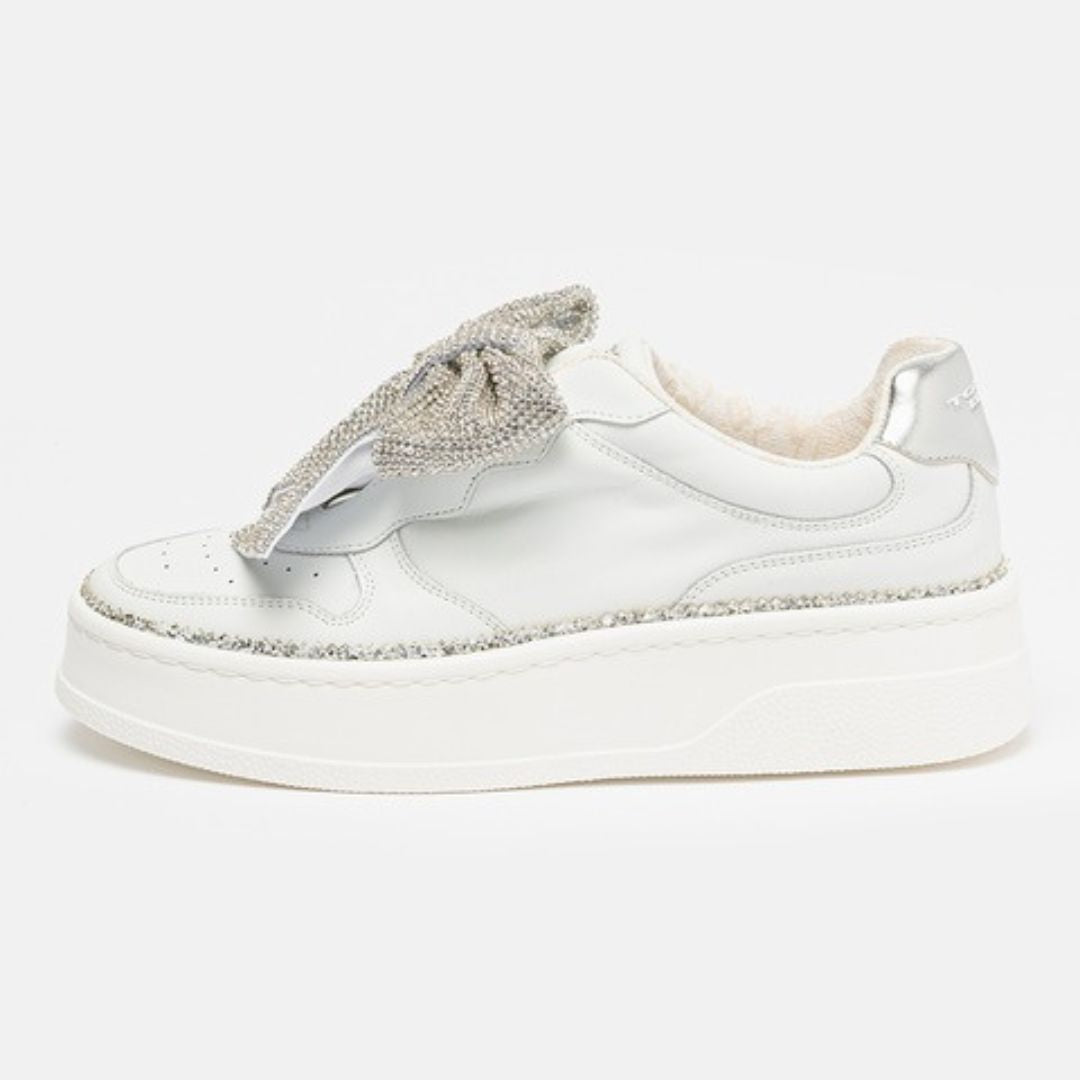 Tosca Blu Sneaker Megan in Pelle con Fiocco di Strass Bianco/Argento