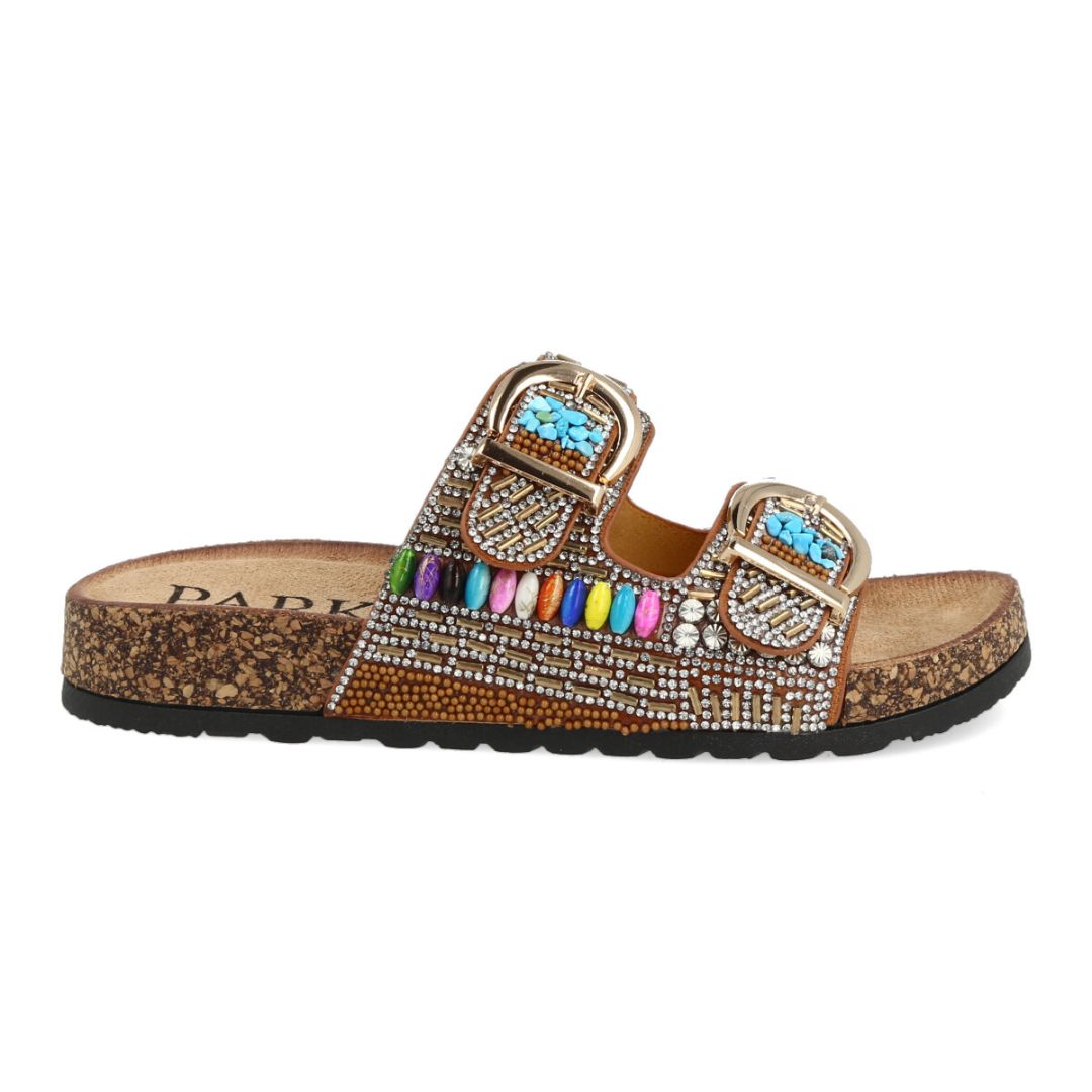 Uma Parker Sandalo Doppia Fascia Camel con Pietre e Perline