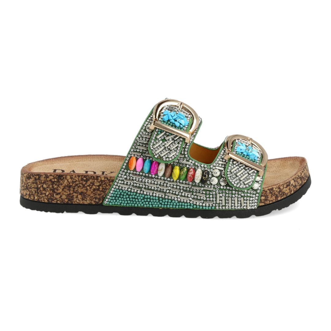 Uma Parker Sandalo Doppia Fascia Green con Pietre e Perline