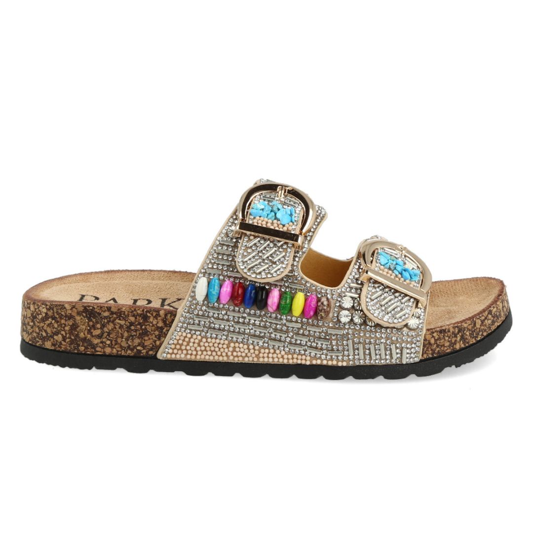 Uma Parker Sandalo Doppia Fascia Nude con Pietre e Perline